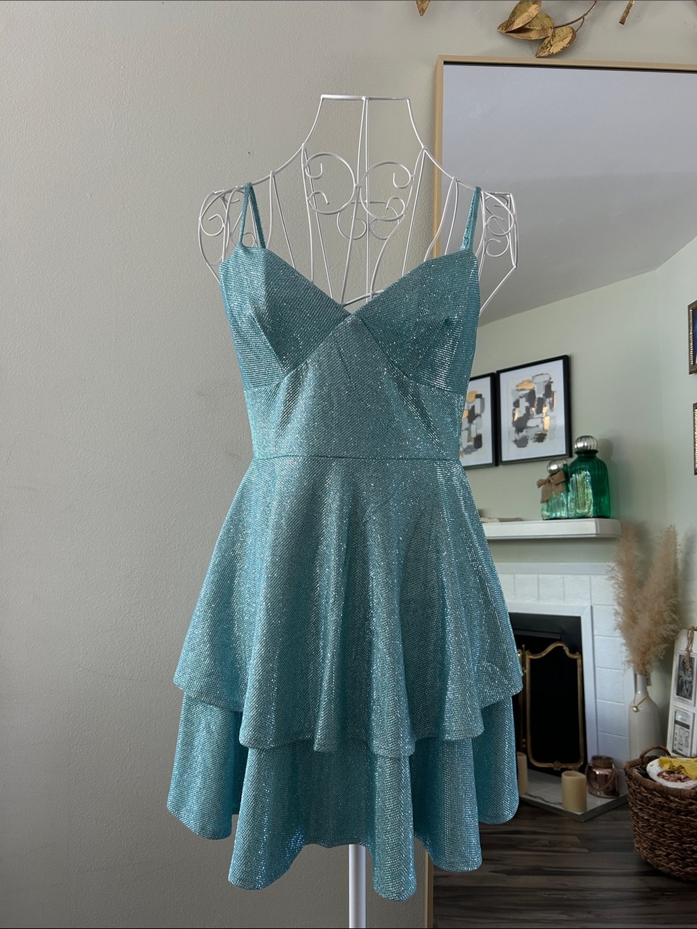 B Darlin Teal Sparkle Layered Mini Dress